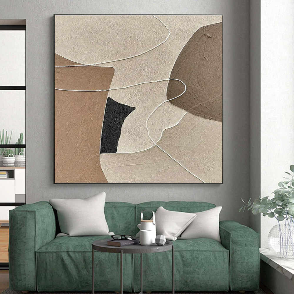 Unique Abstract Art Neutral Shapes with White Line Details, Minimalist Canvas Art HS546