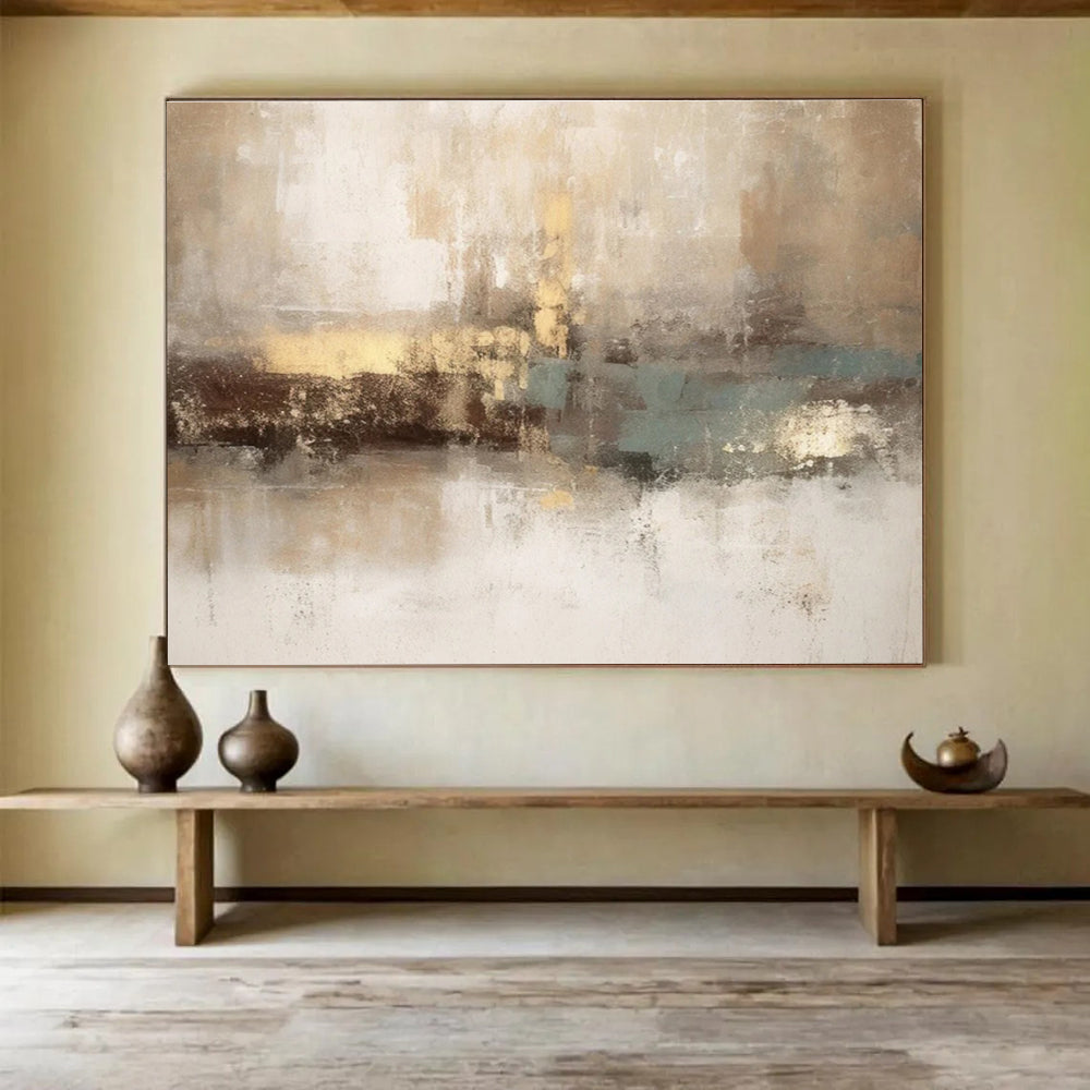 Horizontal Big Size Beige, Brown and Teal Abstract Landscape Painting WB201