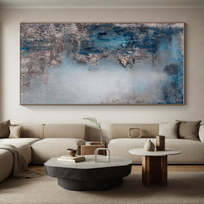 Unique Abstract Art Blue & Gray Textured Abstract, Large Contemporary Wall Art HS282