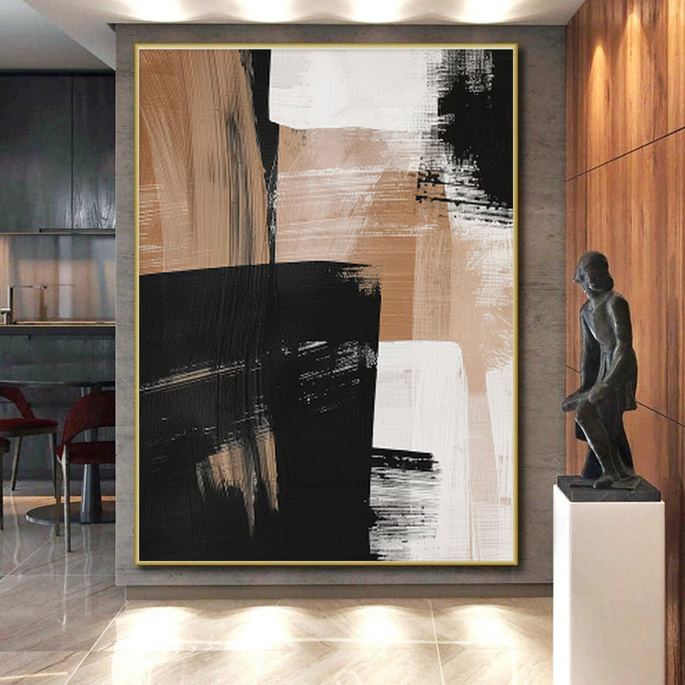 Hand-Painted Black, Beige & White Gestural Abstract, Acrylic Modern Art Painting HS442