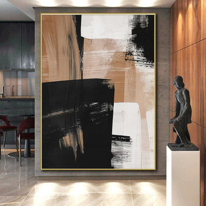 Hand-Painted Black, Beige & White Gestural Abstract, Acrylic Modern Art Painting HS442