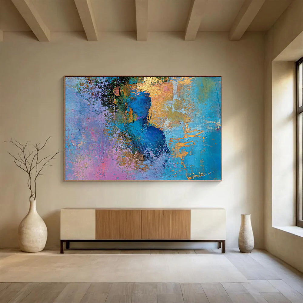 Huge Size Blue, Purple, Gold, and Pink Abstract Figural Art - Acrylic Painting WB278
