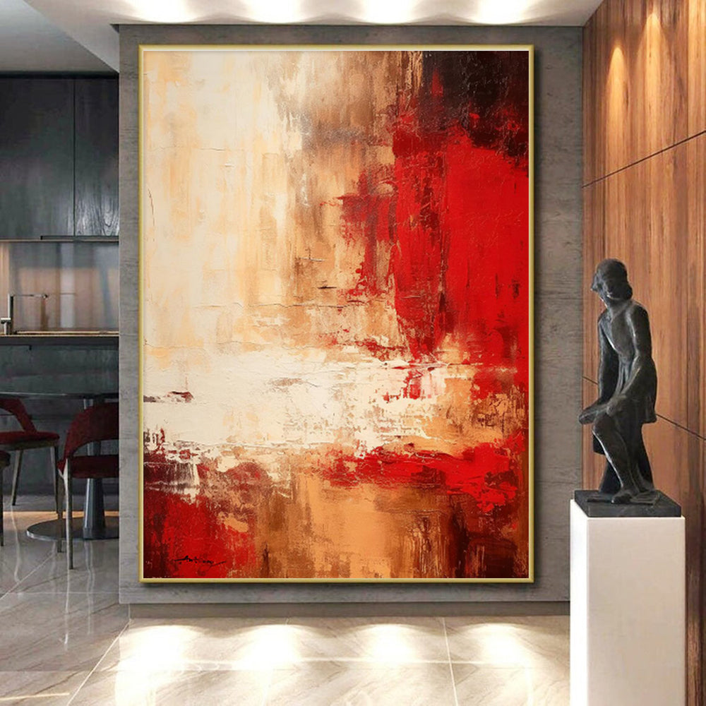 Gaint Canvas Art Red & Beige Textured Abstract, Oversized Abstract Wall Art HS460