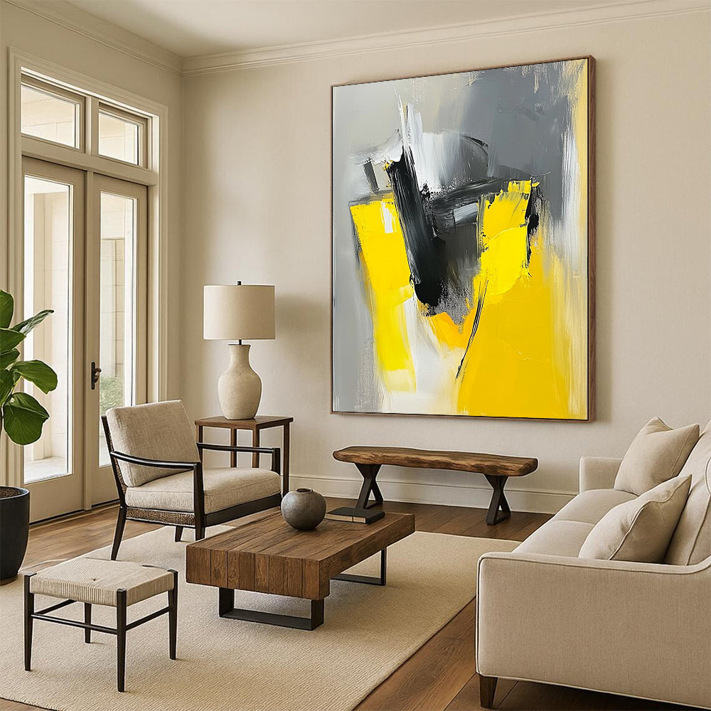 Large Size Yellow, Black, and Gray Abstract Expressive Painting For Sale HS142