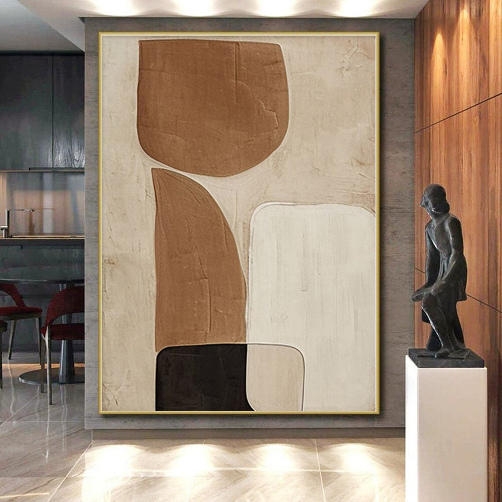 Hand Painting Beige, Brown, and Black Abstract Shape Painting For Sale HS079