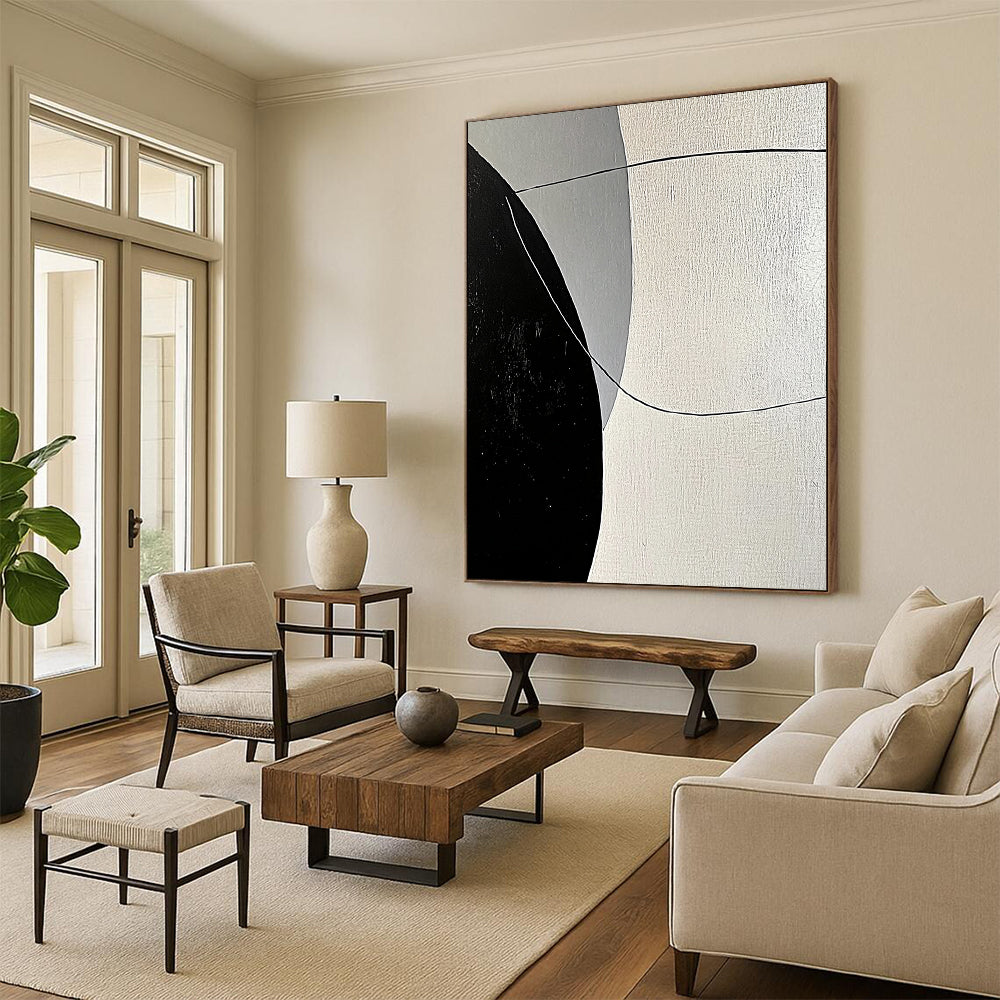 Hand Painting Black, White, and Gray Geometric Abstract Art HS199