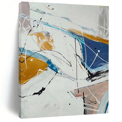 Big Painting Blue, Gold & White Gestural Abstract, Acrylic Modern Art Painting HS219