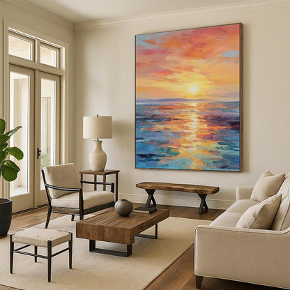 Orange, Pink, and Blue Abstract Seaside Sunset Painting For Sale Online WS481
