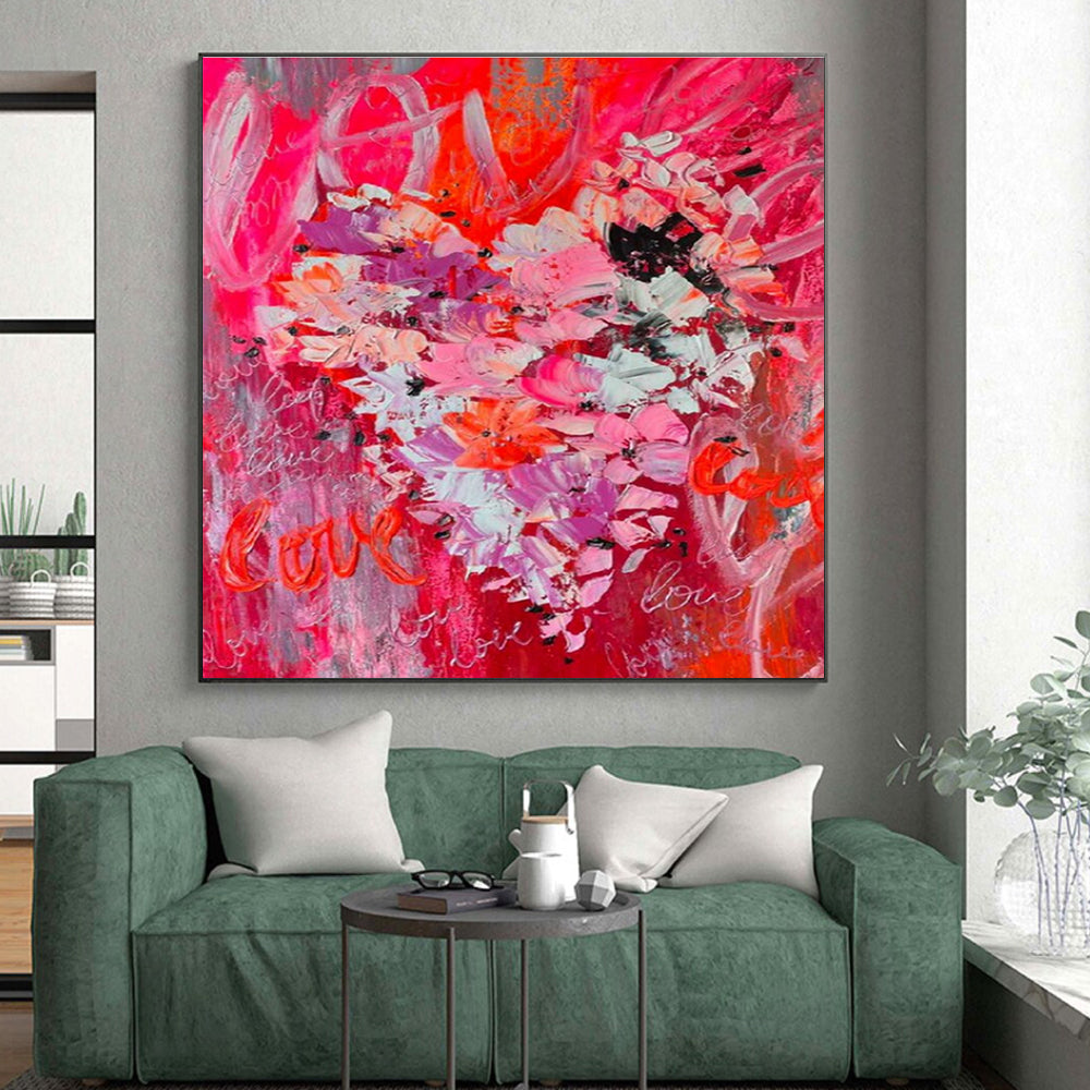 Unique Abstract Art Red, Pink, and Gray Floral Abstract Art with “Love” Accents HS719