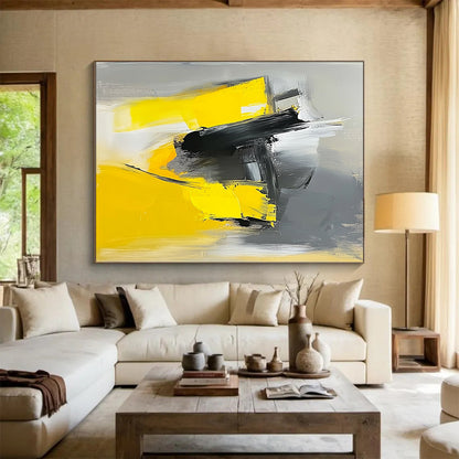 Large Size Yellow, Black, and Gray Abstract Expressive Painting For Sale HS142
