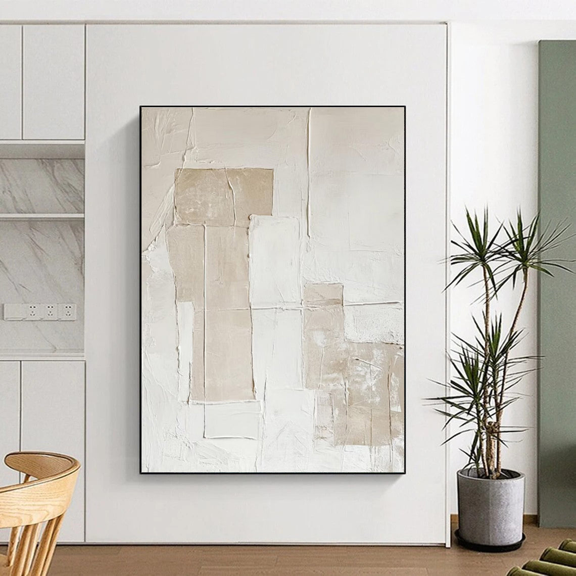 Large Contemporary Wall Art Beige and White Textured Abstract Art HS745
