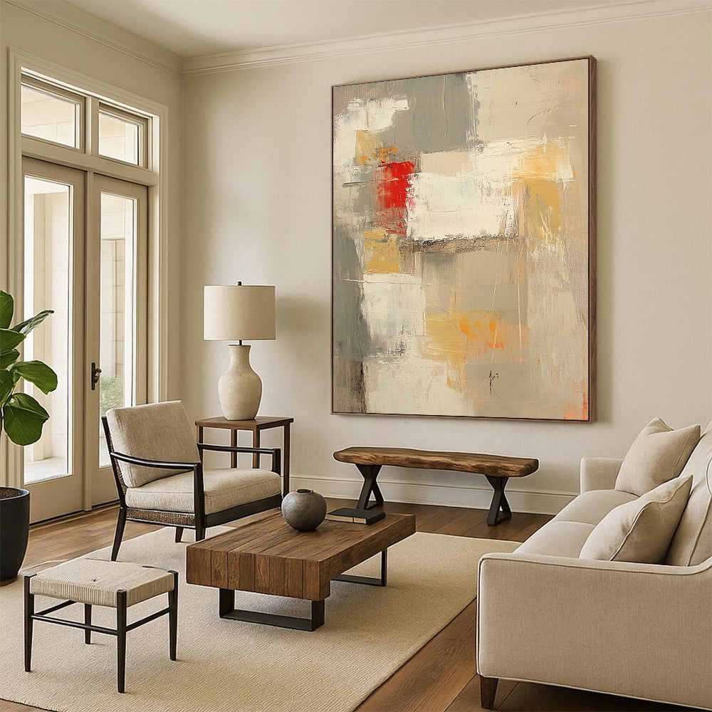 Modern Art Acrylic Gray, White, Yellow, and Red Abstract Shape Painting For Sale HS150