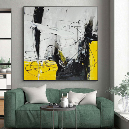 Big Painting Yellow, Black & White Abstract Dynamic Line Art HS405