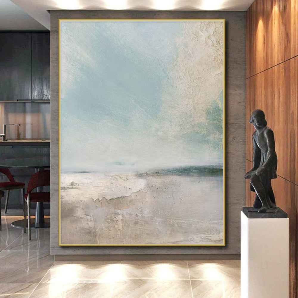 Hand Painted Art Blue, Beige, and White Textured Abstract Landscape HS710