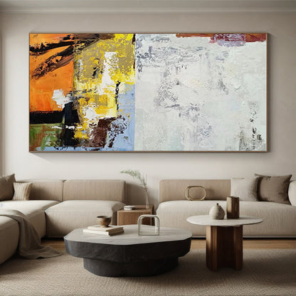 Giant Canvas Art White, Yellow & Orange Abstract, Oversized Abstract Wall Art HS206