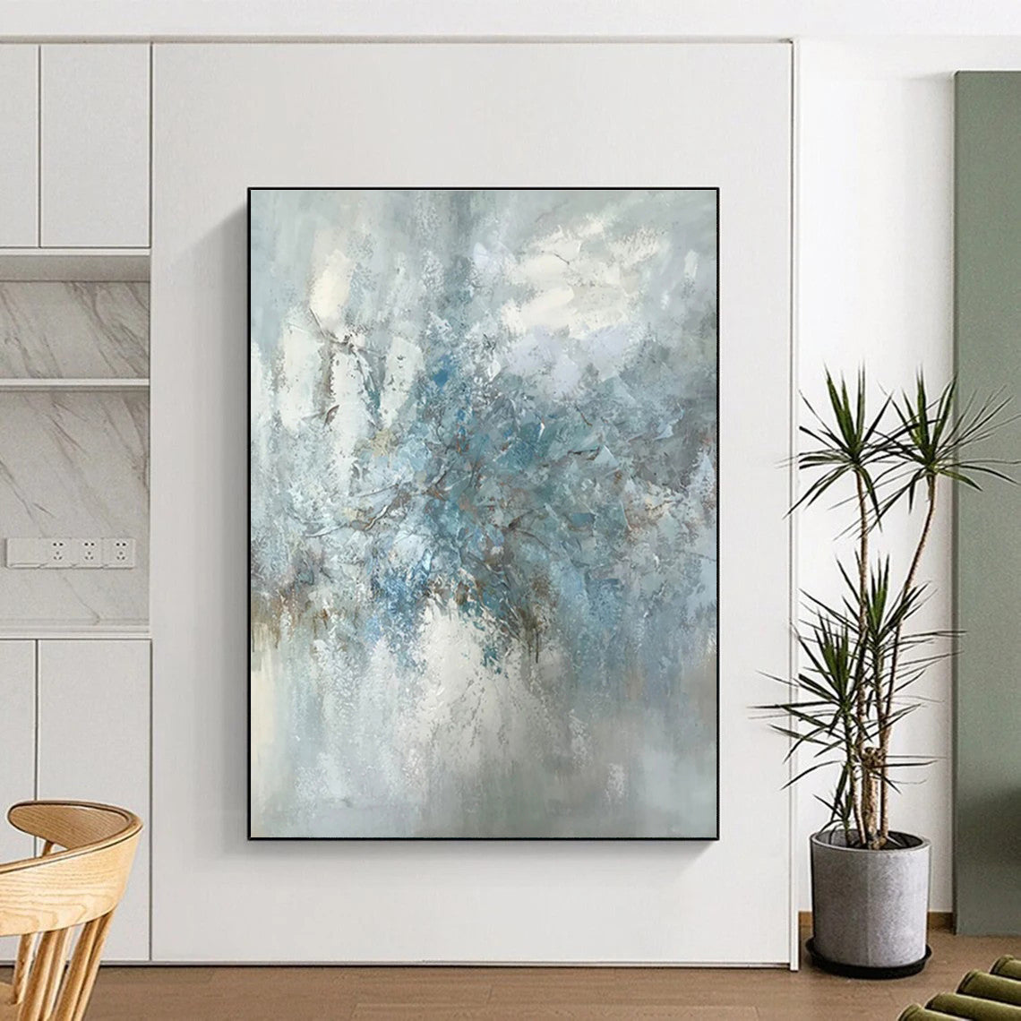 Hand Painting Blue & White Textured Abstract Floral Art HS392