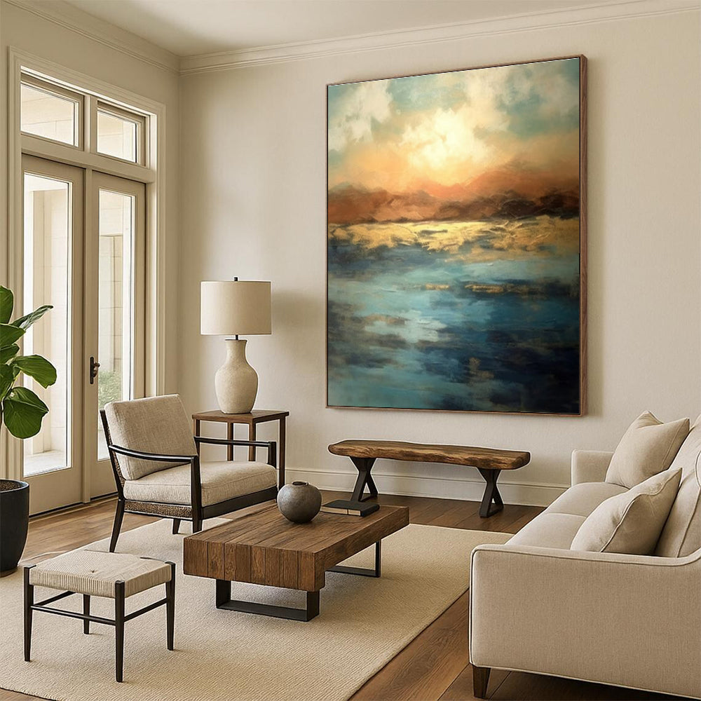 Blue, Gold, and Orange Abstract Seaside Sunset Painting For Sale Online WS491