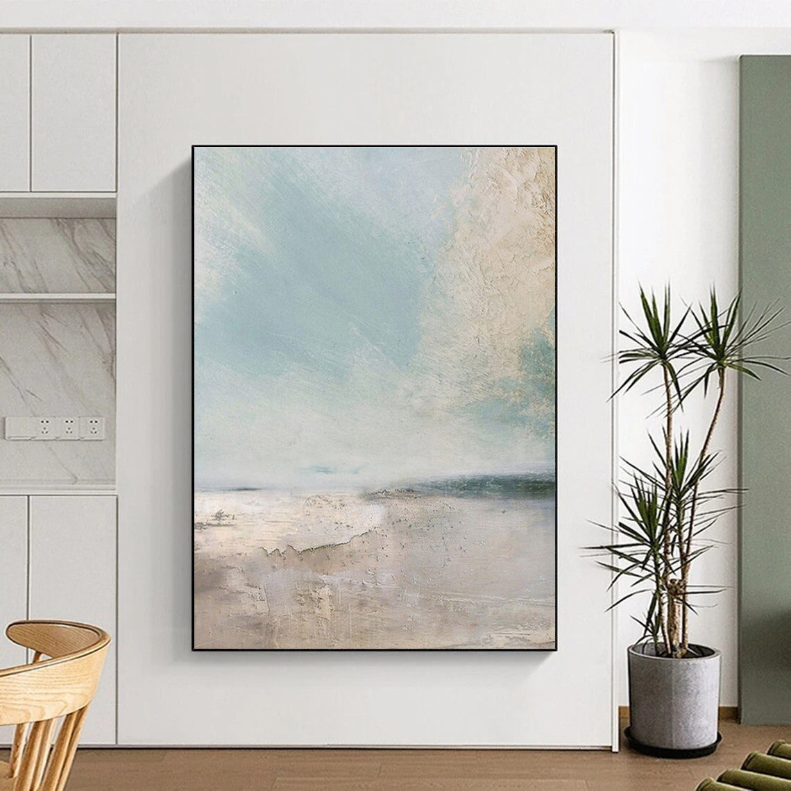 Hand Painted Art Blue, Beige, and White Textured Abstract Landscape HS711