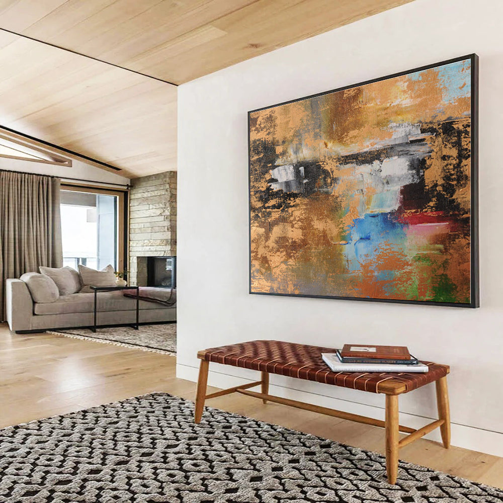 Gold, Gray, Blue, Red Abstract Mixed Shapes Acrylic Painting WB016