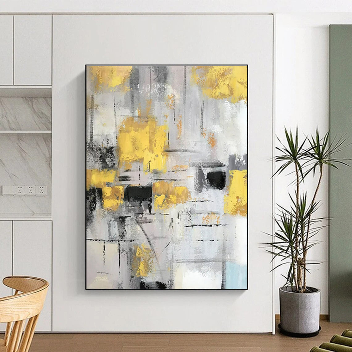 Unique Abstract Art Yellow, Gray, and Black Textured Abstract Art HS749