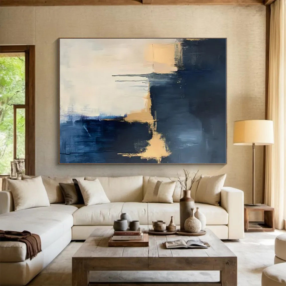 Handmade Art Navy, Beige, and Gold Textured Abstract Art HS748