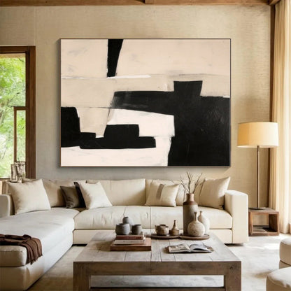 Large Contemporary Wall Art Black, White, and Beige Geometric Abstract Art HS667