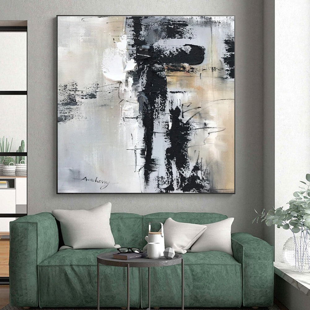 Large Contemporary Wall Art with Black, White, Gray and Beige Colors, Abstract Textured Theme HS469