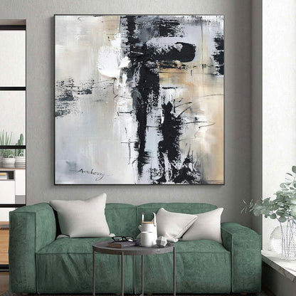 Large Contemporary Wall Art with Black, White, Gray and Beige Colors, Abstract Textured Theme HS469