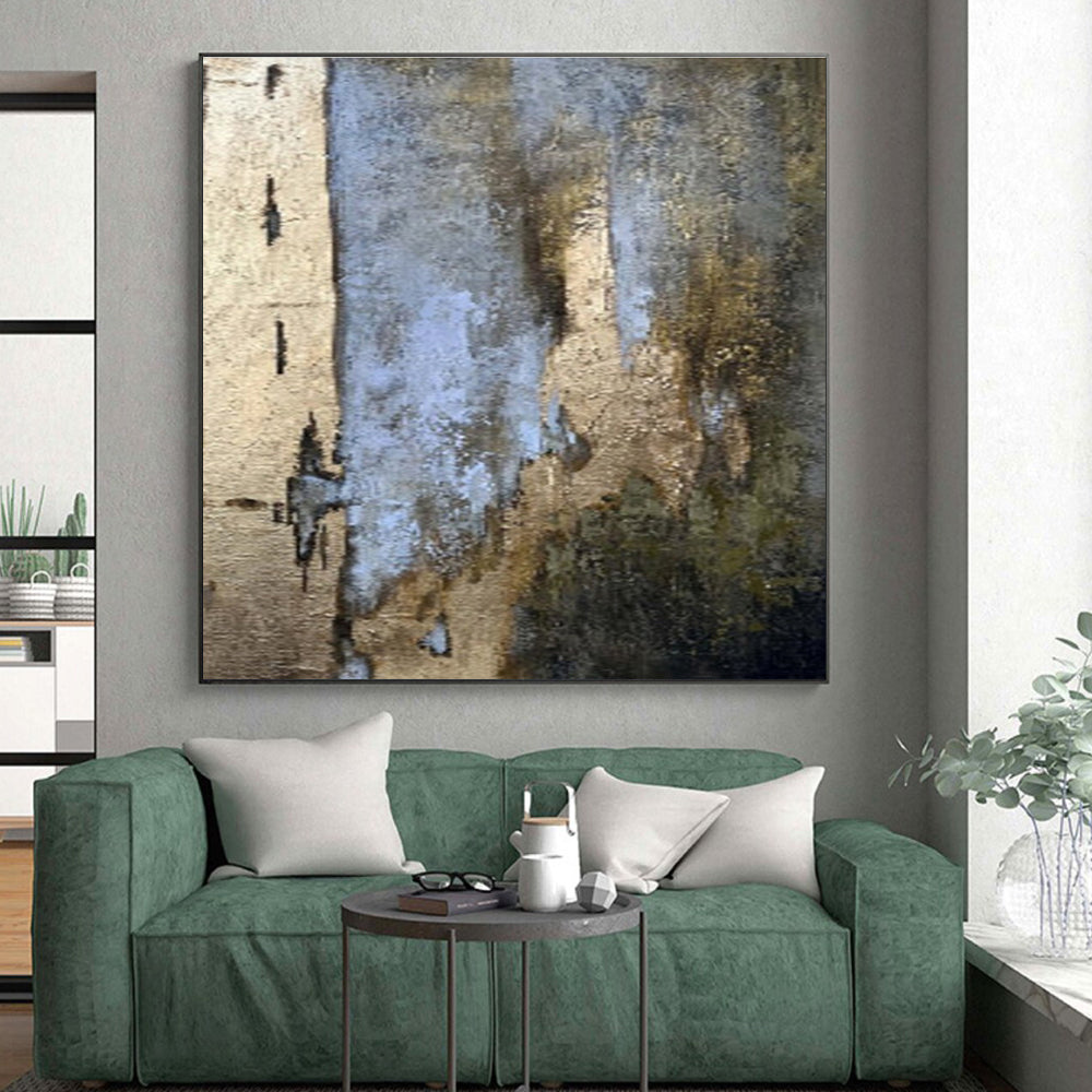 Large Contemporary Wall Art Neutral Tones with Blue and Gold Accents Abstract Art HS648