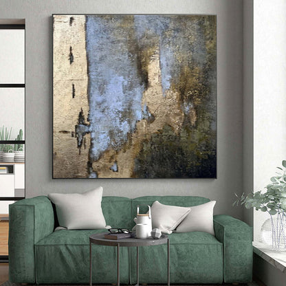 Large Contemporary Wall Art Neutral Tones with Blue and Gold Accents Abstract Art HS648