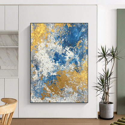 Huge Size Blue, White, and Gold Abstract Textured Painting For Sale HS117