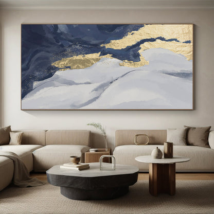 Gaint Canvas Art Blue, Gray, and Gold Abstract Marble Painting For Sale HS084