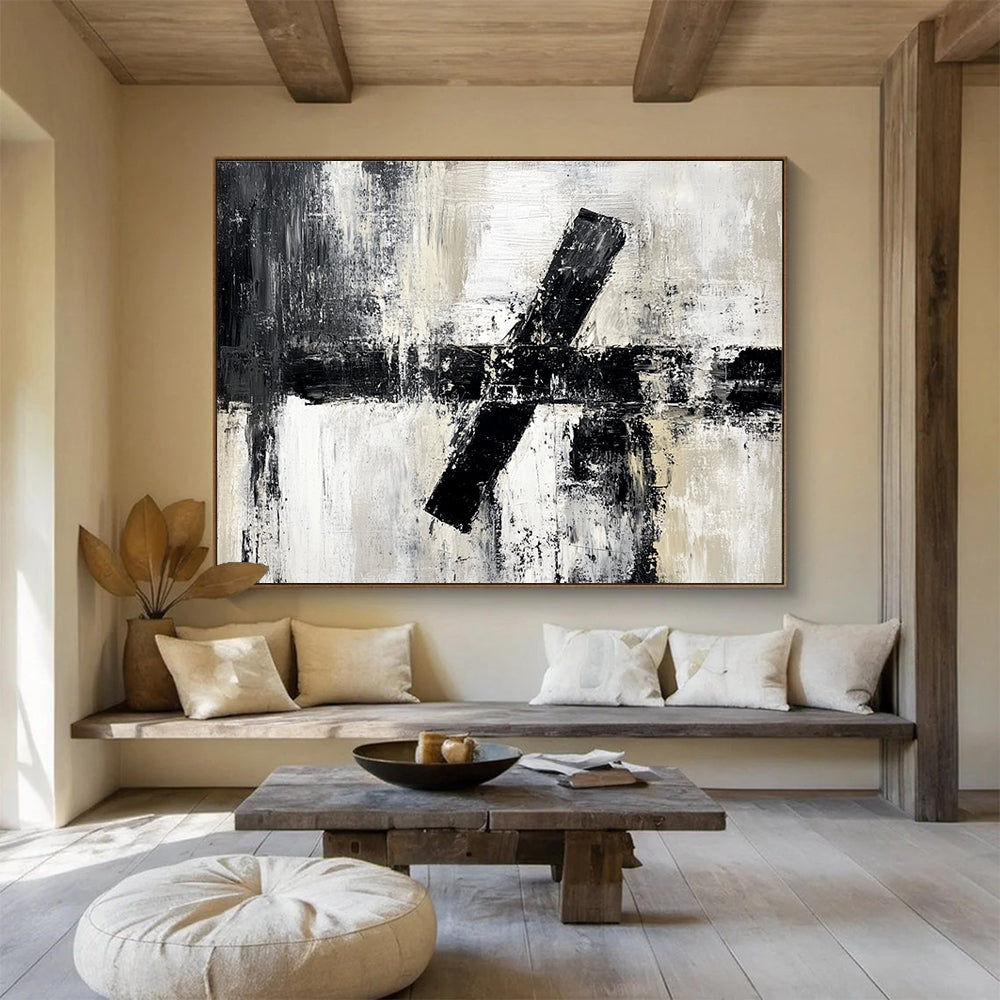 Oversized Canvas Art in Black, White, and Gray Textured Geometric Abstract Style WB260