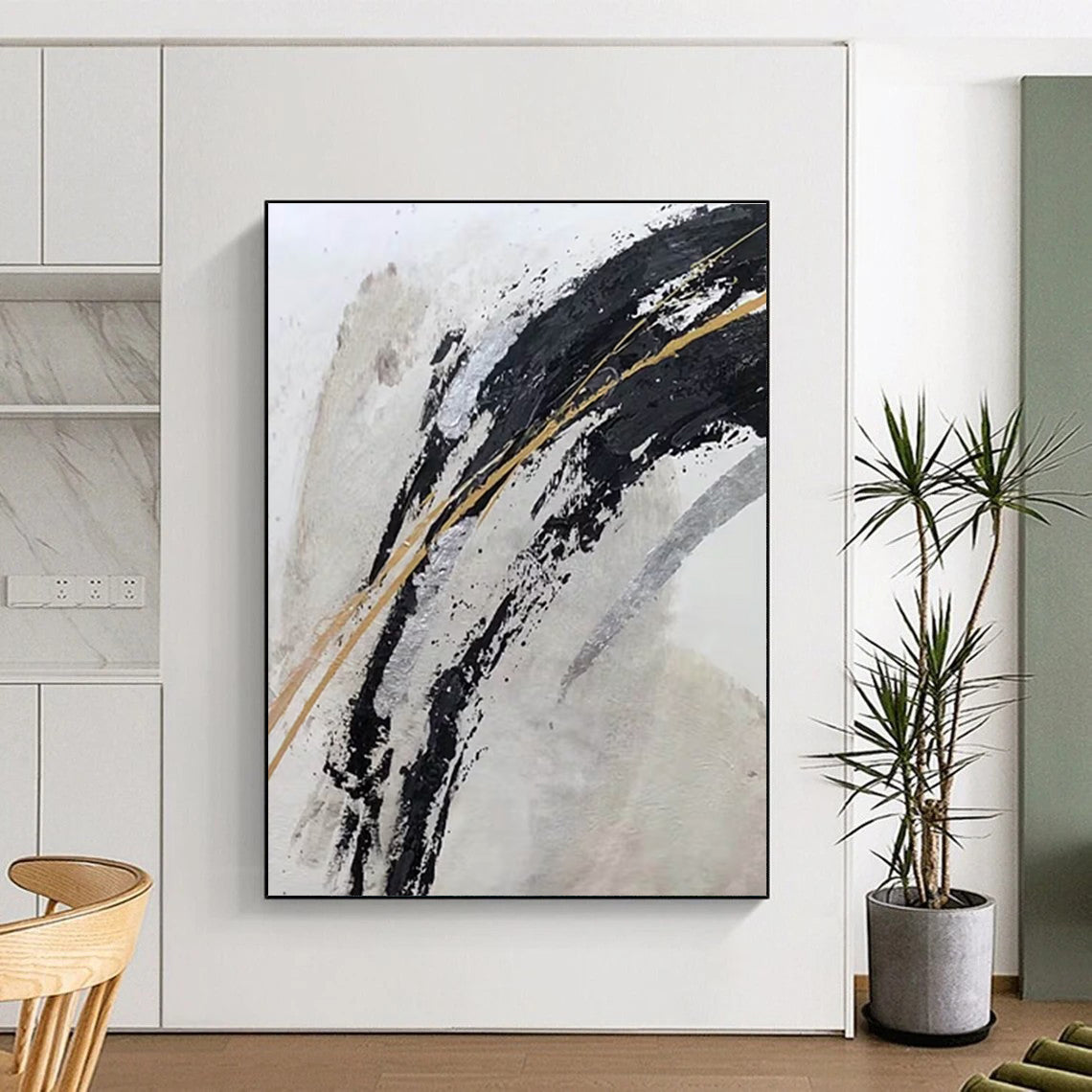 Gaint Canvas Art Black, Gold & Silver Gestural Abstract, Oversized Abstract Wall Art HS245