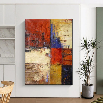 Big Painting Red, Blue, Yellow & Brown Abstract Geometric Blocks Art HS385