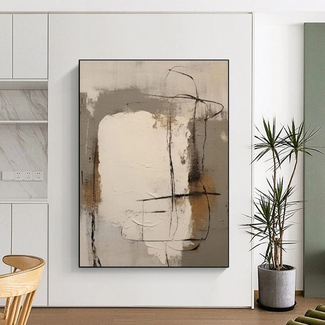 Modern Art Acrylic with Gray, Beige, Black and Brown Colors, Abstract Geometric Theme HS484