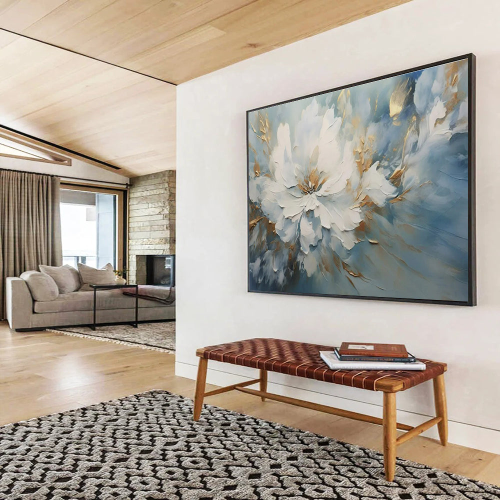 Blue, White, Gold Abstract Floral Art For Sale WB407