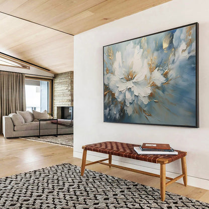 Blue, White, Gold Abstract Floral Art For Sale WB407