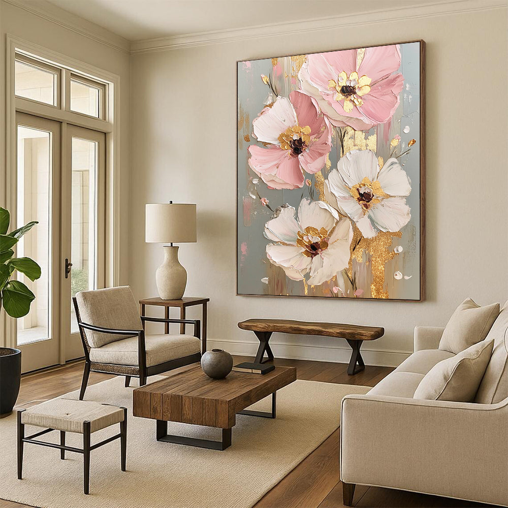 Pink, White, Gold Abstract Floral Art For Bedroom and Dining Room WS437