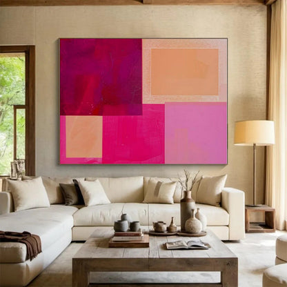 Hand Painted Art Pink, Orange, and Red Geometric Abstract Painting On Canvas HS788