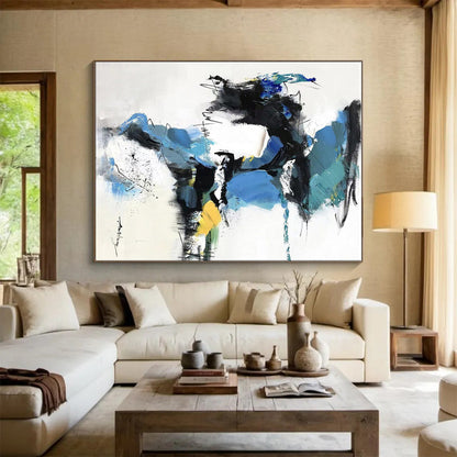 Hand Painted Art Blue, Black, and Yellow Dynamic Abstract Painting On Canvas HS791