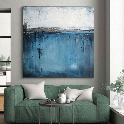 Large Contemporary Wall Art Blue and White Textured Abstract Landscape HS603
