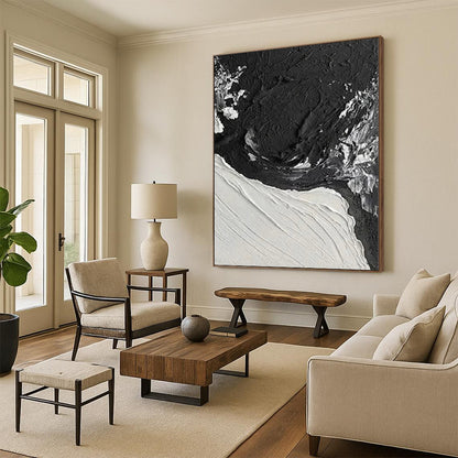 Hand-Painted Black and White Textured Abstract Contrast Painting For Sale HS019