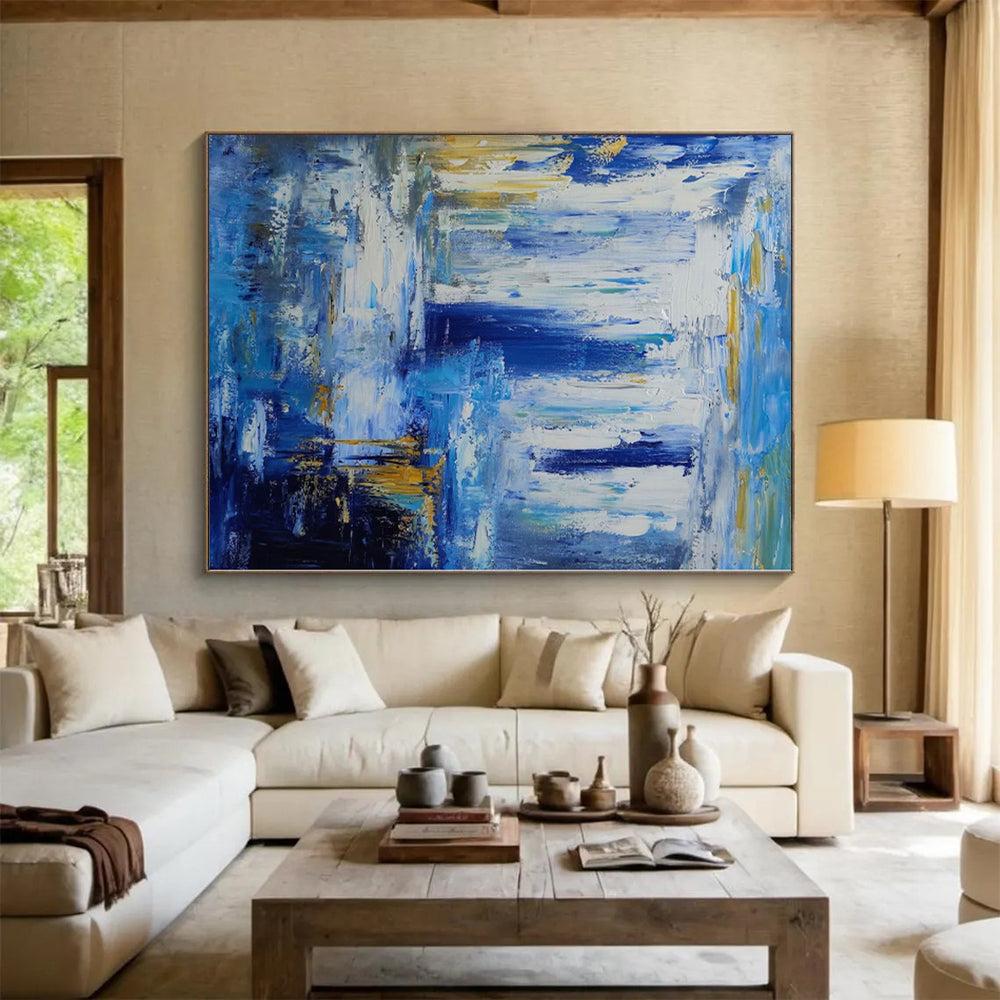 Hand-Painted Blue and Gold Abstract Waterfall Painting For Sale HS065