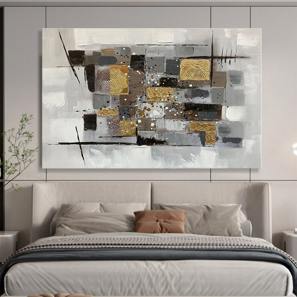 Big Size Gray, Gold and Black Abstract Geometric Painting WB091