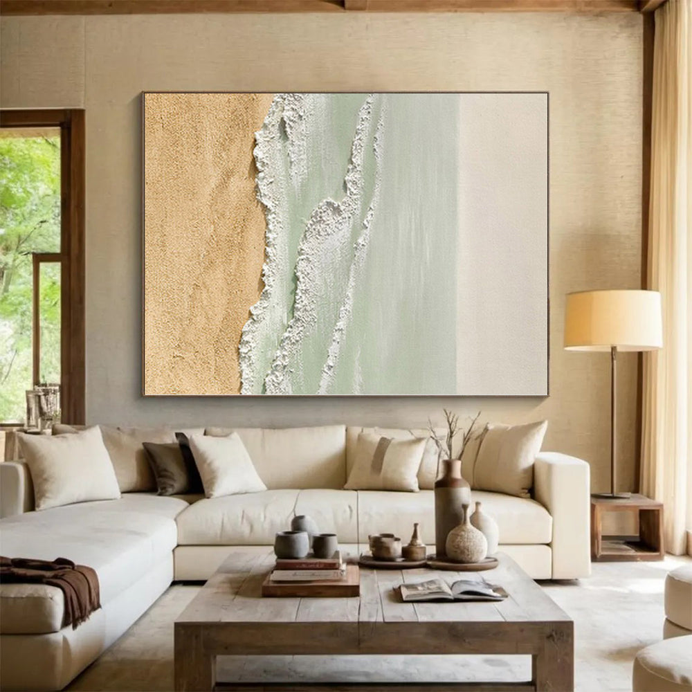 Gaint Canvas Art Beige and Green Abstract Seaside Painting For Sale HS075