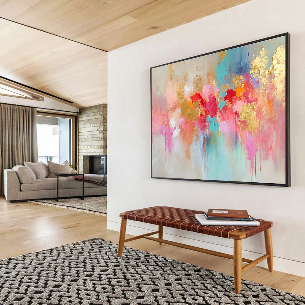 Hand Painted Art with Pink, Gold, Turquoise and Red Colors, Colorful Abstract Floral Theme WB302