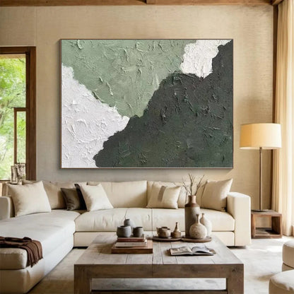 Hand-Painted Green and White Textured Abstract Shape Painting For Sale HS063