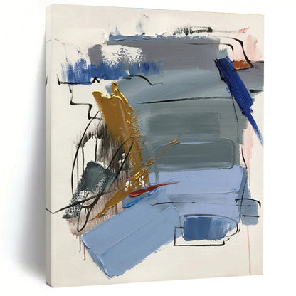 Hand-Painted Art with Blue, Gray, Gold and Red Colors, Abstract Geometric Theme HS471