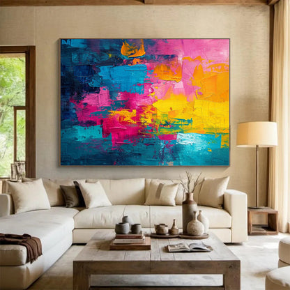 Unique Abstract Art Pink, Yellow & Teal Colorful Blocks, Acrylic Modern Art Painting HS224